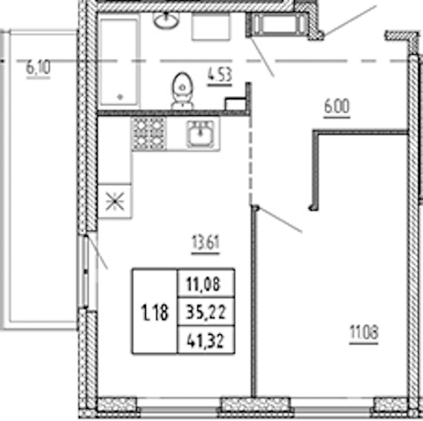 1-комнатная квартира 35.22 м², 21/22 эт., ЖК «Новые горизонты 2»